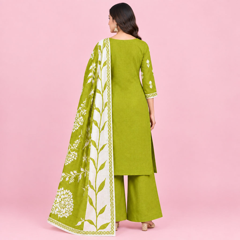 A mustard yellow and white printed cotton garment, likely a kurta or dress, shown folded with a matching pocket or pouch. The fabric features white floral and leaf patterns, with a yellow embroidered neckline detail on the upper section.