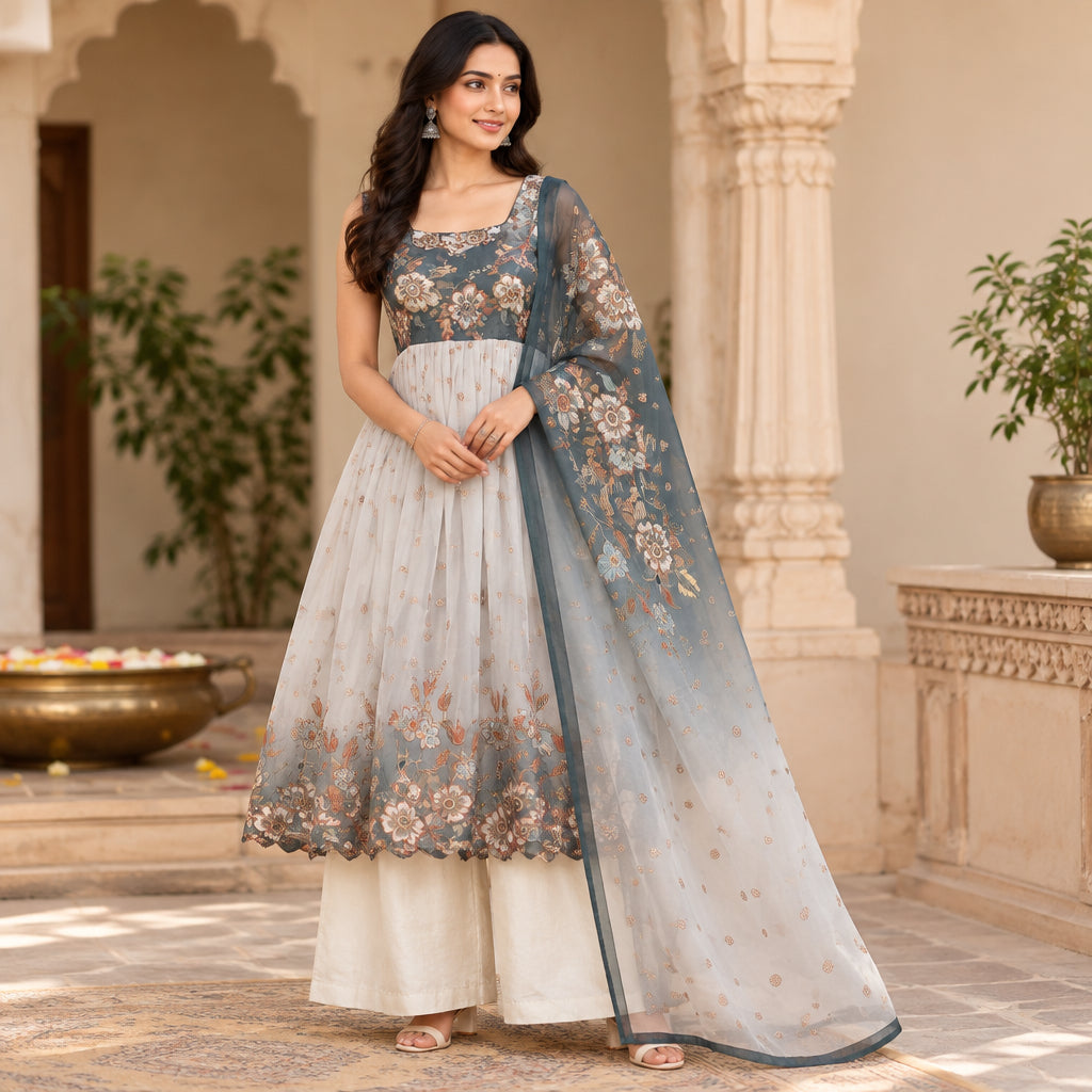 Gray with Blue Floral Embroidery Kurti Set
