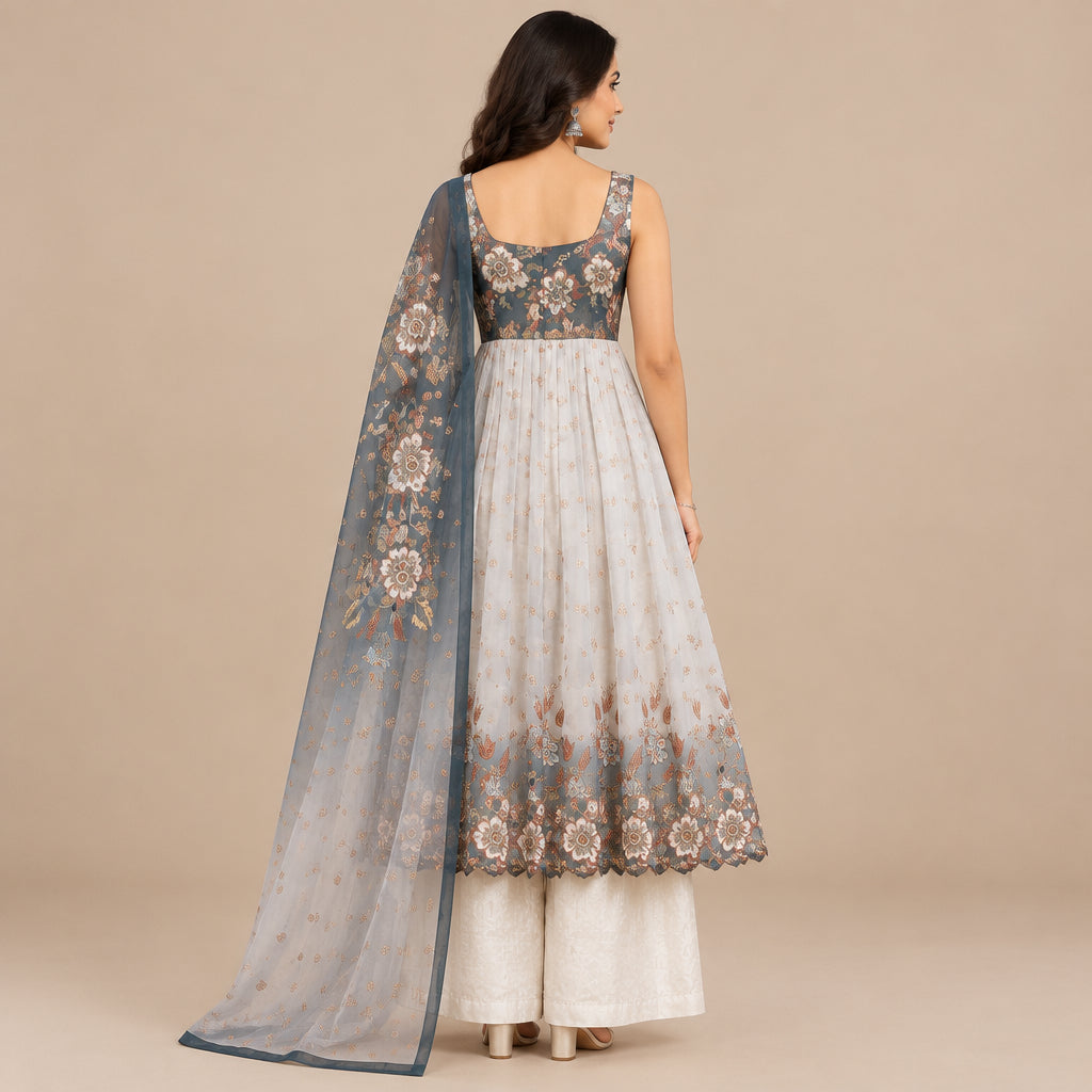 Gray with Blue Floral Embroidery Kurti Set