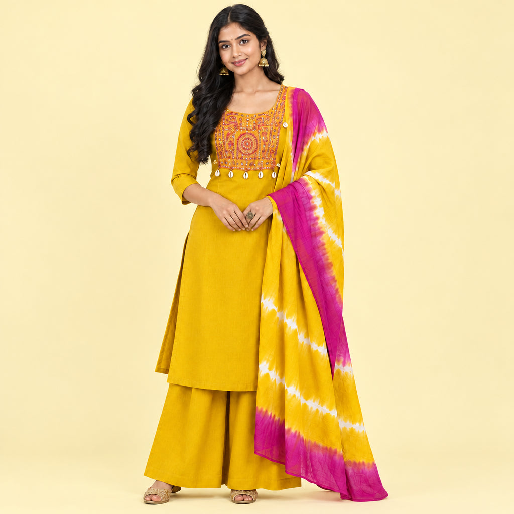 A woman modeling a mustard yellow ethnic suit with a magenta and white tie-dye dupatta, featuring an embroidered neckline with silver coin details, set against a plain white background.