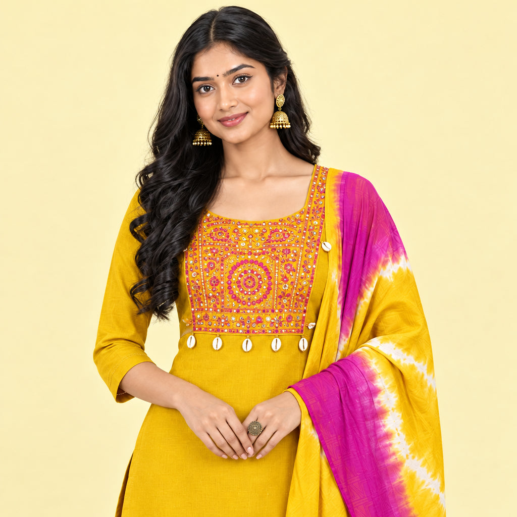 A woman models a mustard yellow ethnic salwar kameez suit with a magenta and yellow tie-dye dupatta against a plain white background.