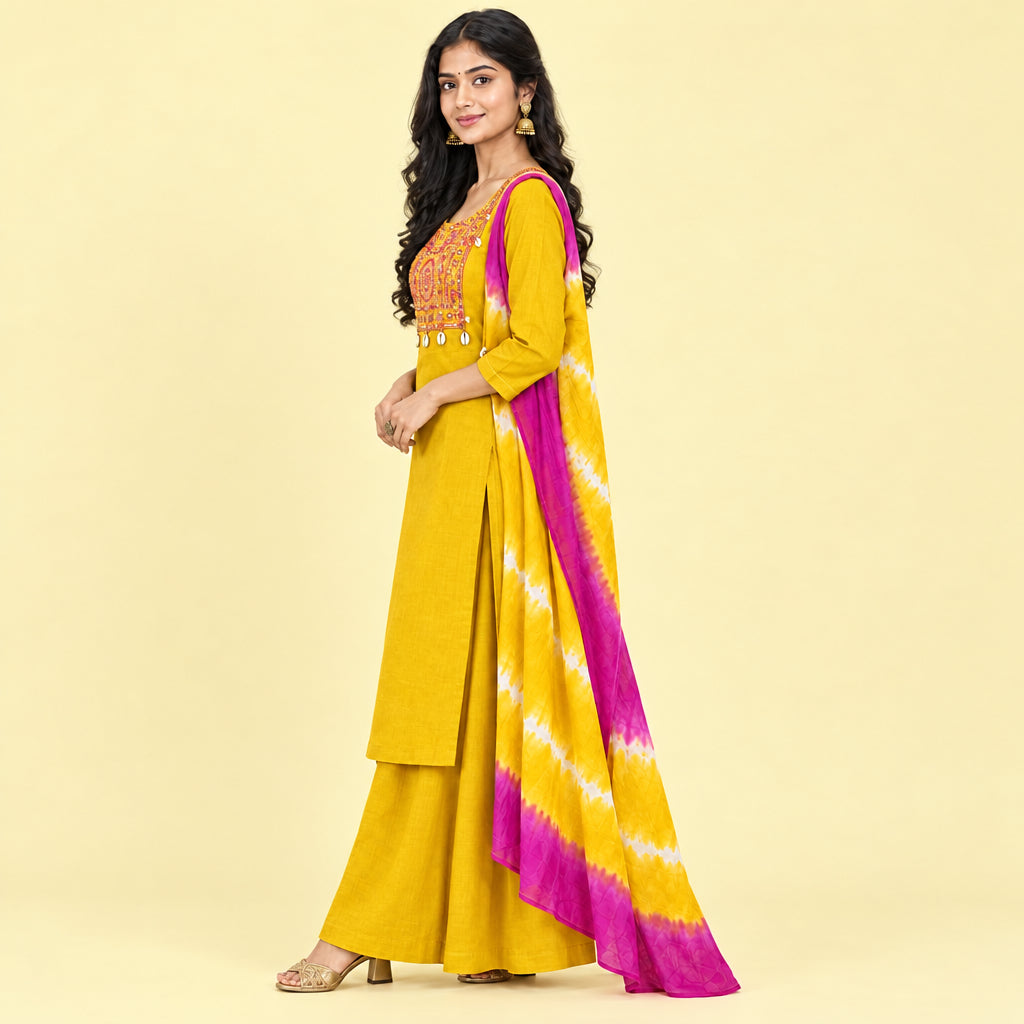 A woman models a mustard yellow ethnic salwar kameez suit with a magenta and yellow tie-dye dupatta against a plain white background.