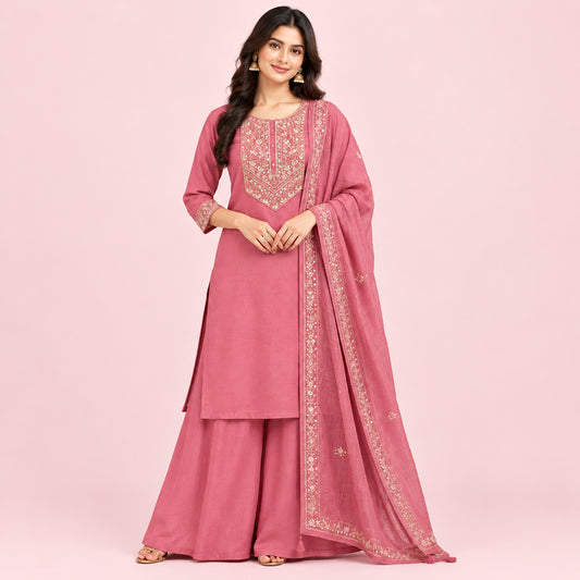 A pink three-piece salwar kameez suit laid out on a bed with a floral patterned sheet. The set includes a long kurta with gold embroidery on the chest, matching pink trousers, and a folded fabric piece.