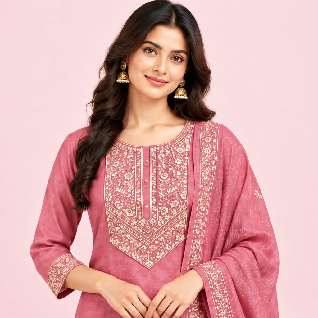 A woman models a dusty pink Indian ethnic suit set featuring a kurta with gold embroidery, matching wide-leg pants, and a sheer dupatta with gold border detailing, set against a neutral beige background.