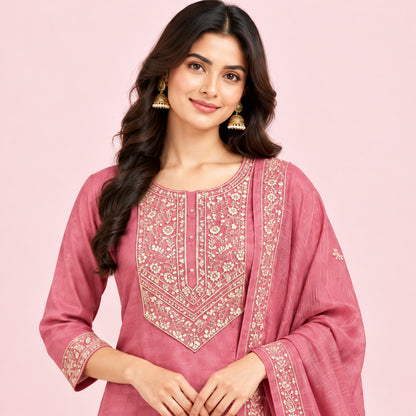 A woman models a dusty pink Indian ethnic suit set featuring a kurta with gold embroidery, matching wide-leg pants, and a sheer dupatta with gold border detailing, set against a neutral beige background.