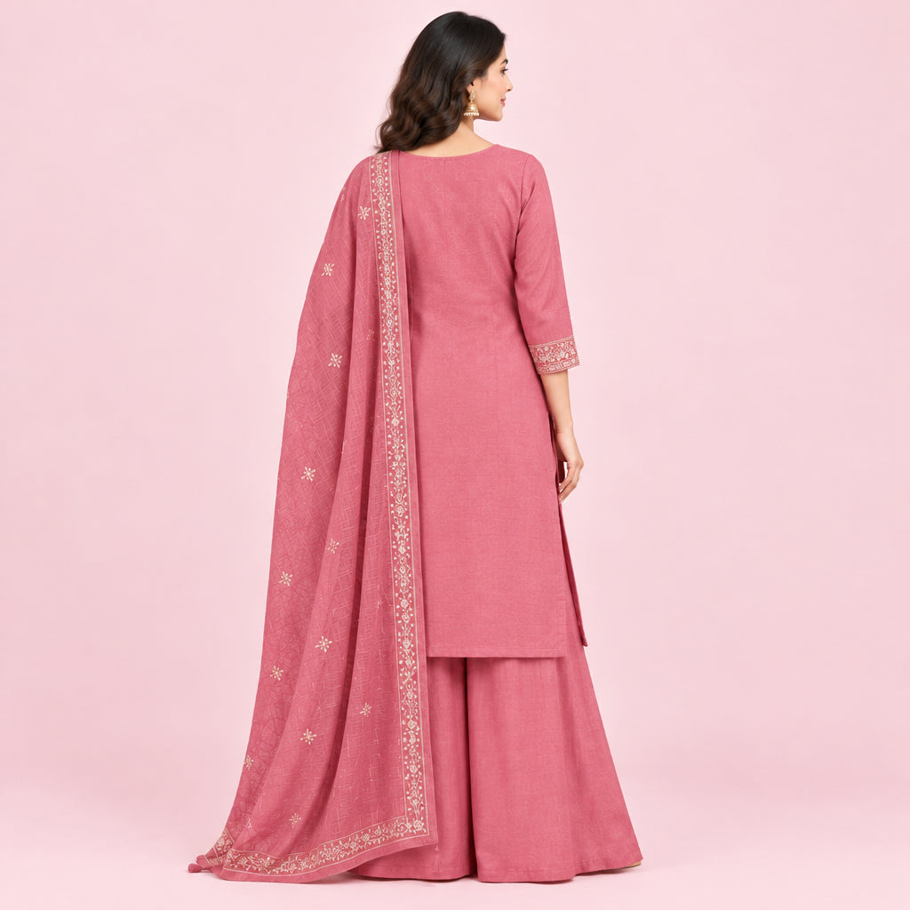 A woman models a dusty pink Indian ethnic suit set featuring a kurta with gold embroidery, matching wide-leg pants, and a sheer dupatta with gold border detailing, set against a neutral beige background.