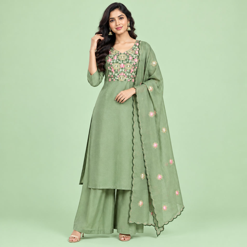 Light Green with Floral Embroidery Kurti Set