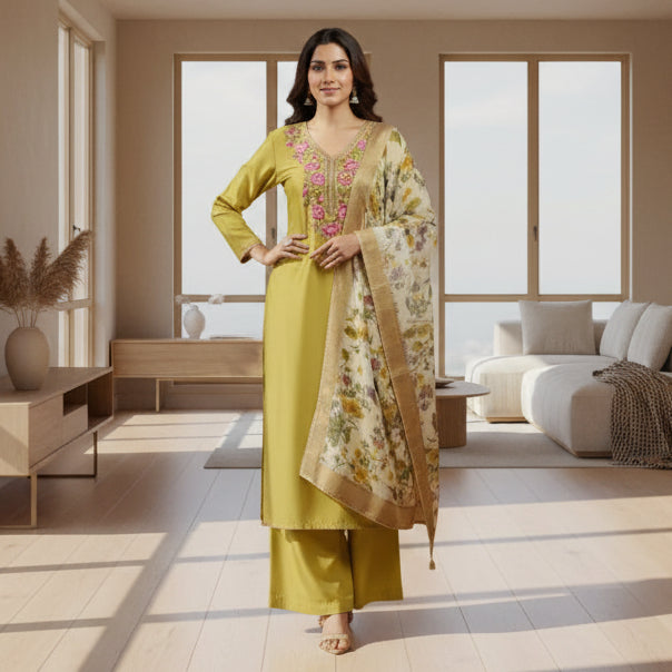 Green embroidered top and pants with a floral fabric on a table