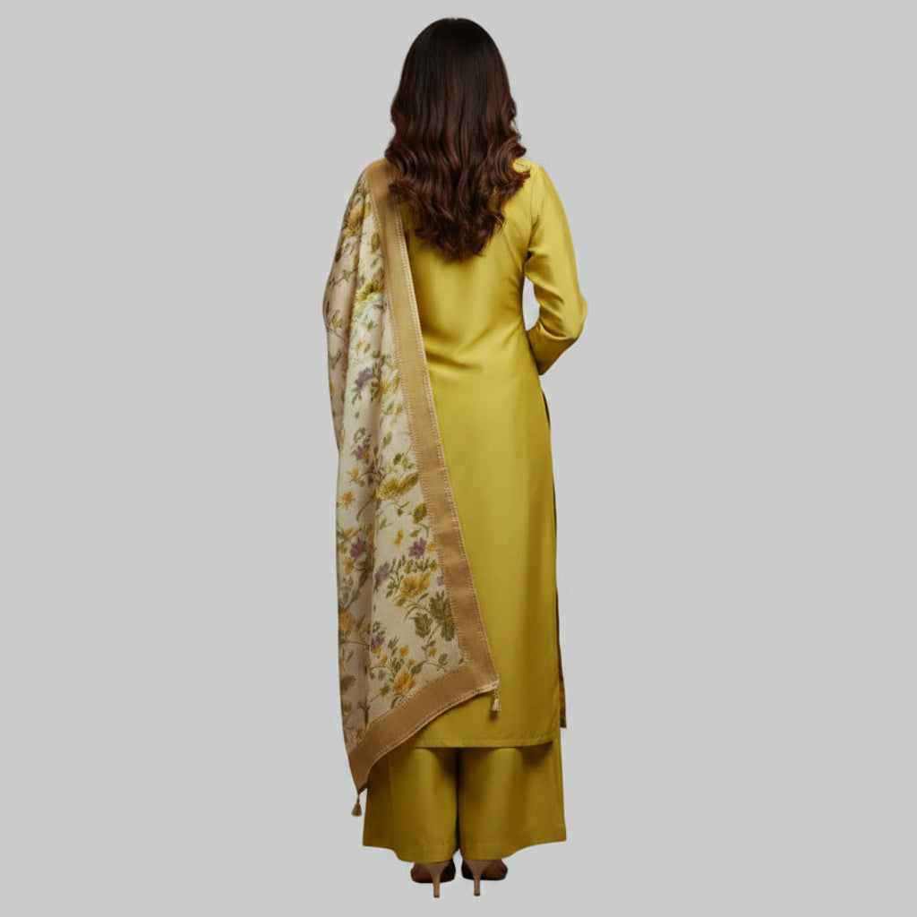 Woman wearing a yellow traditional outfit with floral patterns on a gray background
