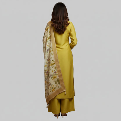 Woman wearing a yellow traditional outfit with floral patterns on a gray background