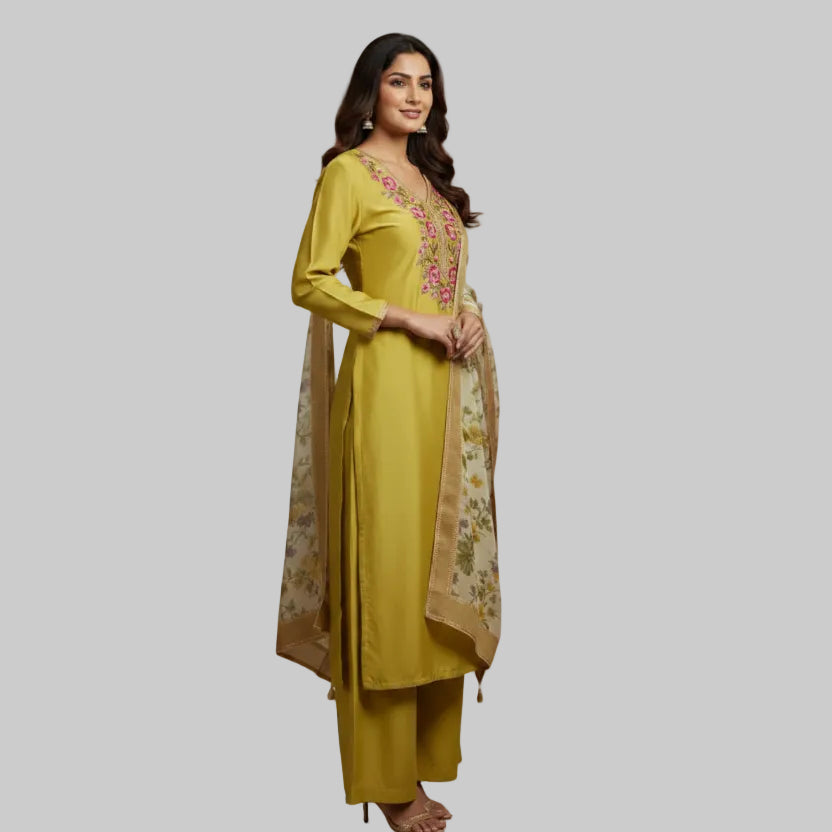 Woman wearing a yellow traditional outfit with floral patterns on a gray background