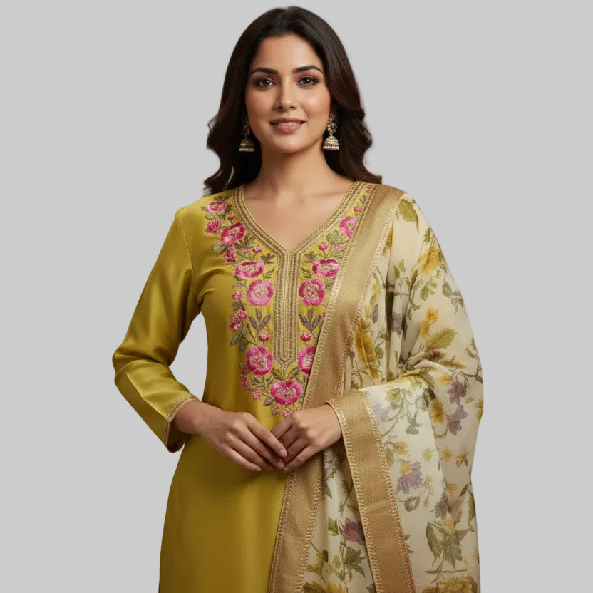 Woman wearing a yellow traditional outfit with floral patterns on a gray background