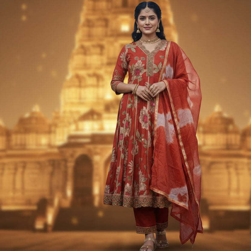 Red floral dress with gold embroidery o