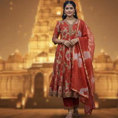 Red floral dress with gold embroidery o