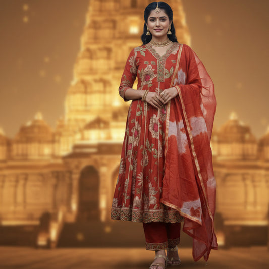 Red floral dress with gold embroidery o