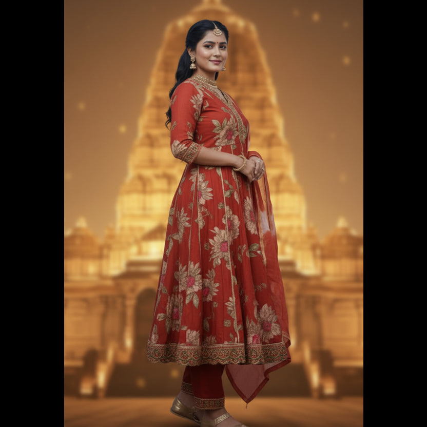 Woman wearing a traditional red and gold outfit on a blue background