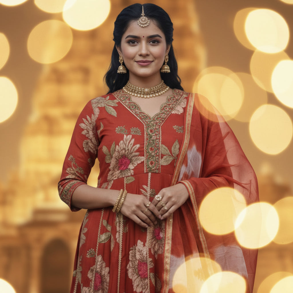 Woman wearing a traditional red and gold outfit on a blue background