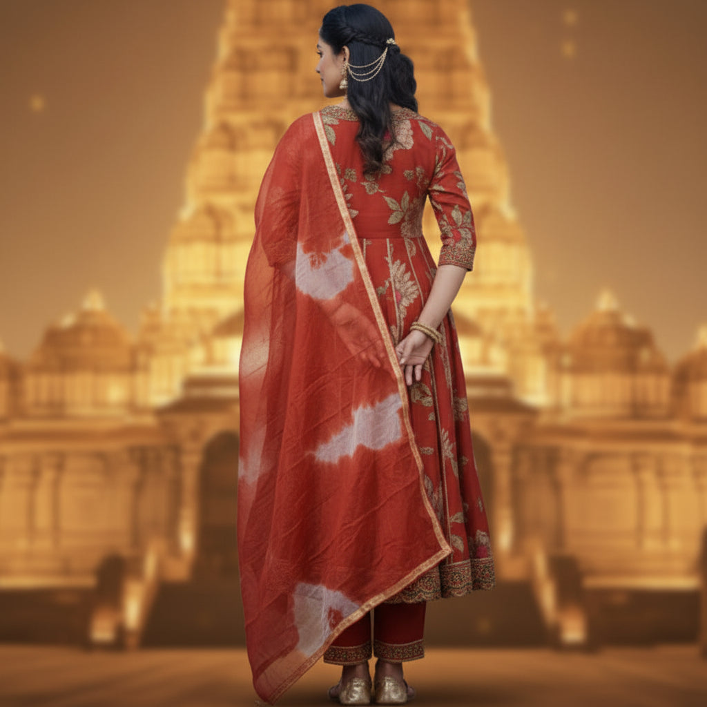 Woman wearing a traditional red and gold outfit on a blue background
