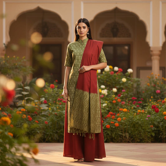 Mannequin wearing a green dress with a red sash in front of a mirror.