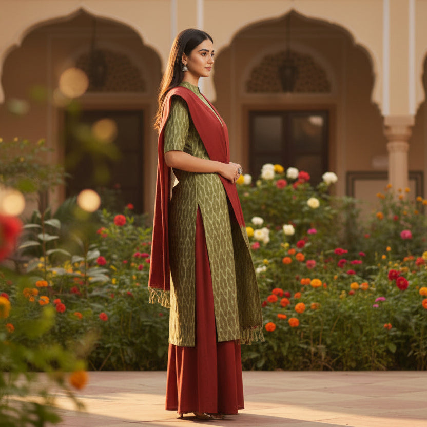 Woman in a green and red traditional outfit standing in a garden with flowers and architectural elements.