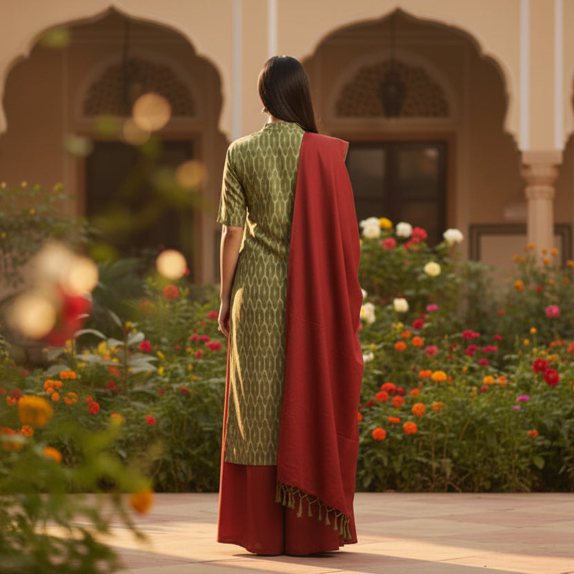 Woman in a green and red traditional outfit standing in a garden with flowers and architectural elements.