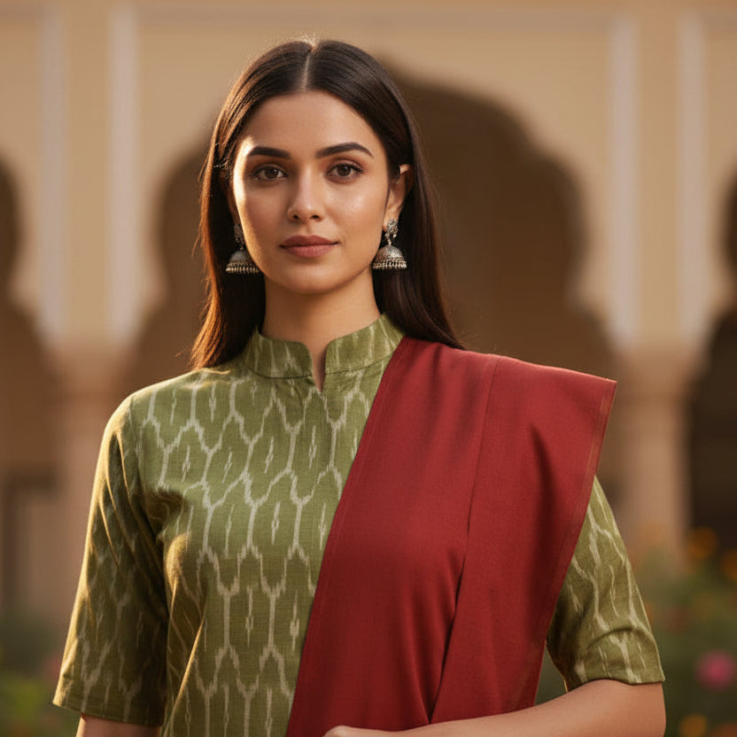 Woman in a green and red traditional outfit standing in a garden with flowers and architectural elements.