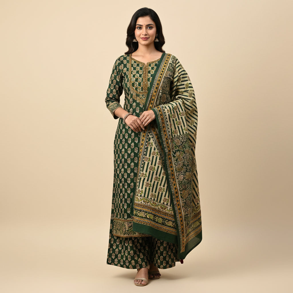 Traditional green and gold embroidered outfit on a floral-patterned fabric background