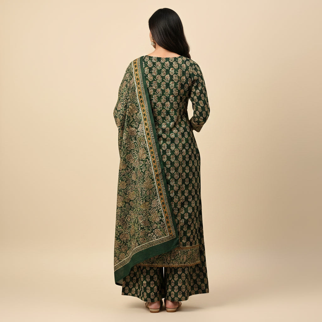 Woman wearing a green and gold traditional outfit on a beige background