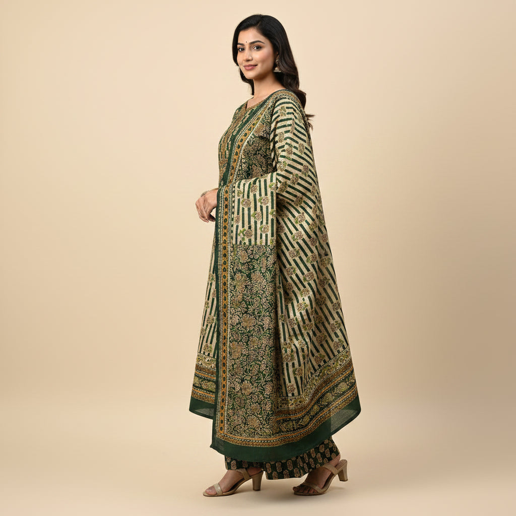Woman wearing a green and gold traditional outfit on a beige background