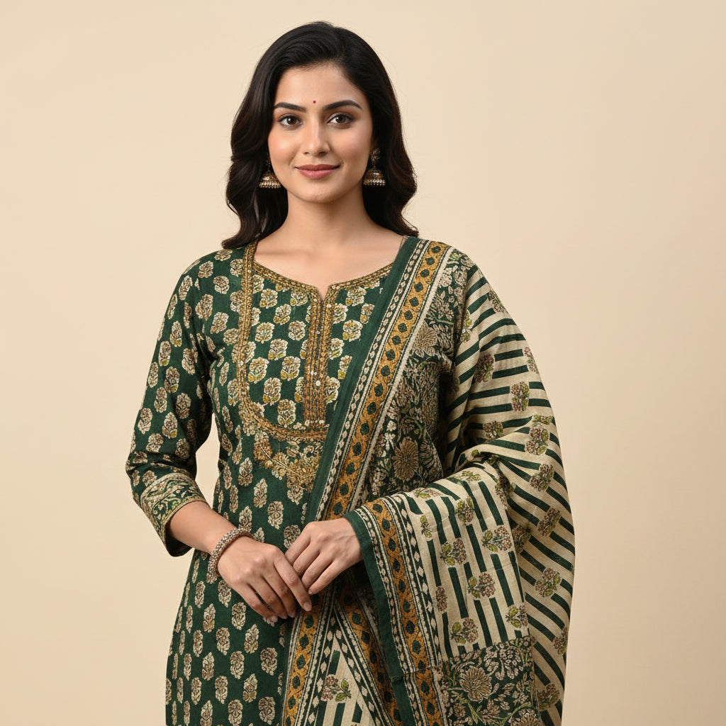 Woman wearing a green and gold traditional outfit on a beige background
