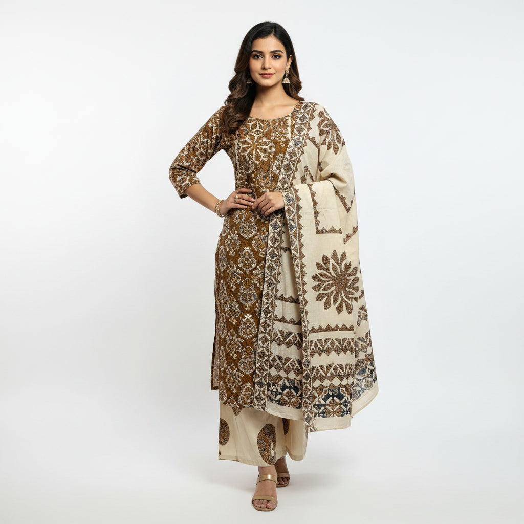 Traditional embroidered clothing on a floral-patterned bedspread