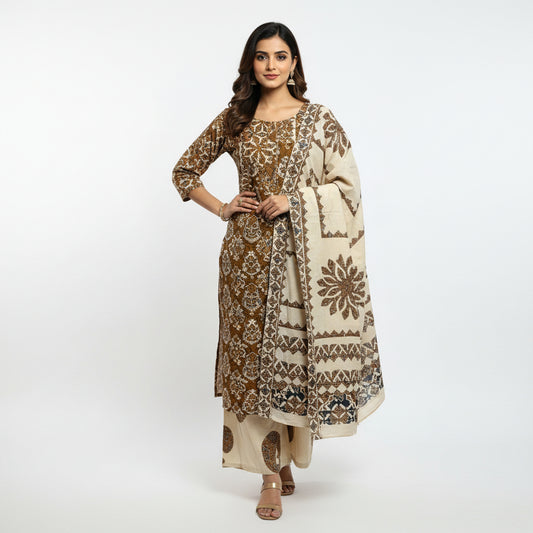 Traditional embroidered clothing on a floral-patterned bedspread