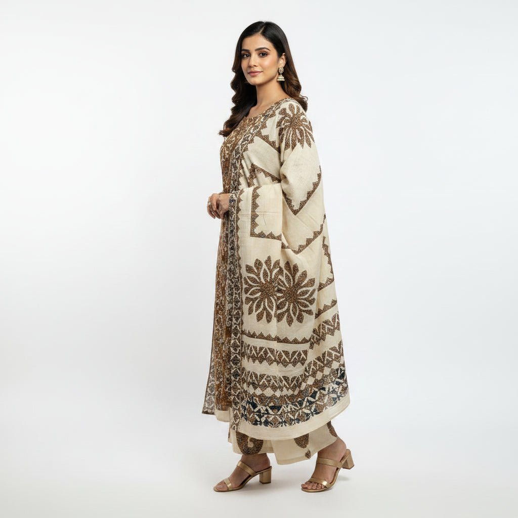 Woman wearing a patterned kurta with a white background