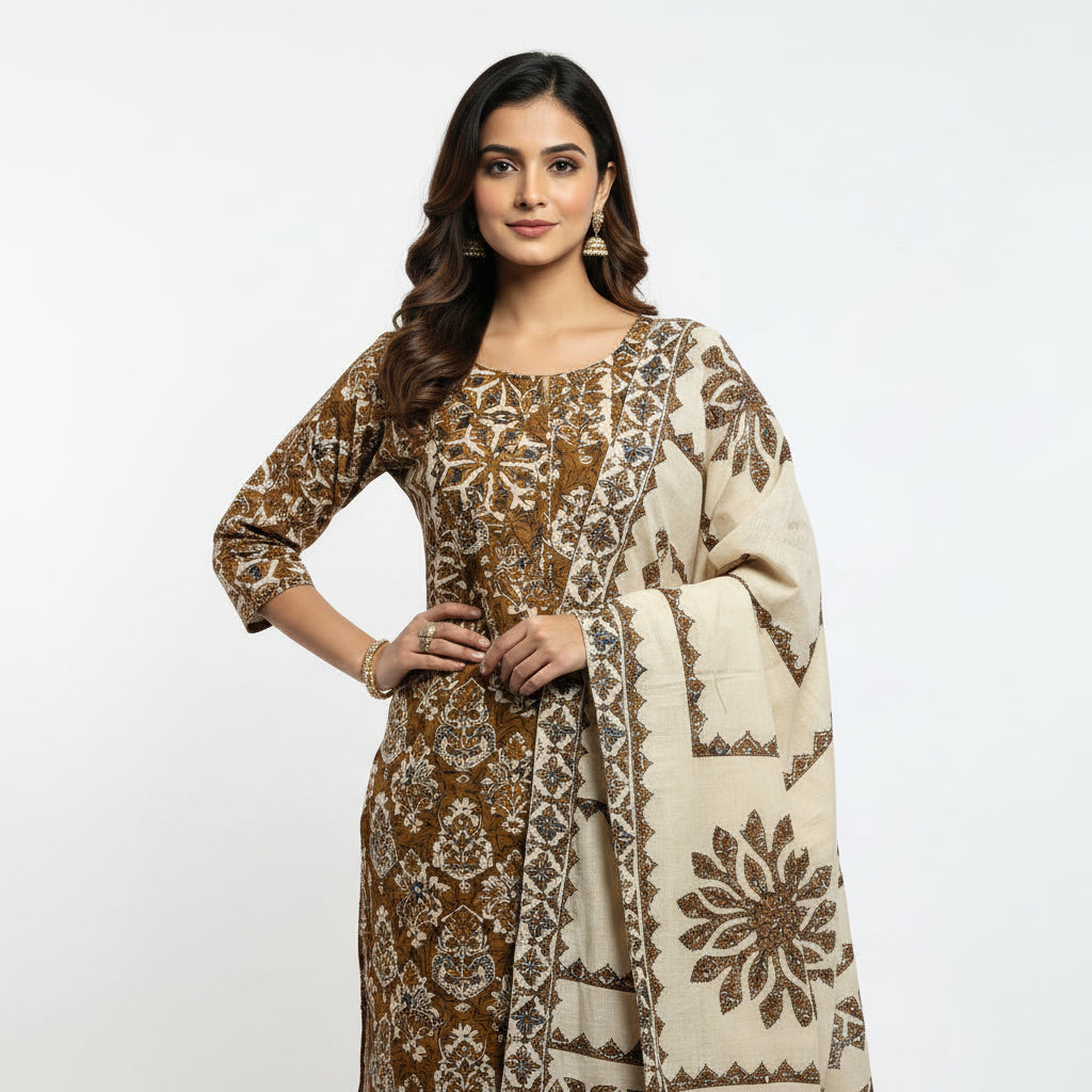 Woman wearing a patterned kurta with a white background