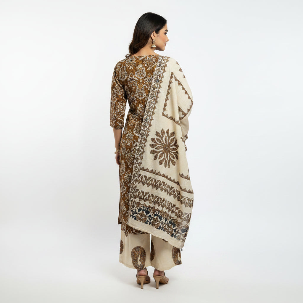 Woman wearing a patterned kurta with a white background