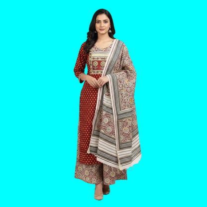 Red and White and Yellow and Grey Kurti Set