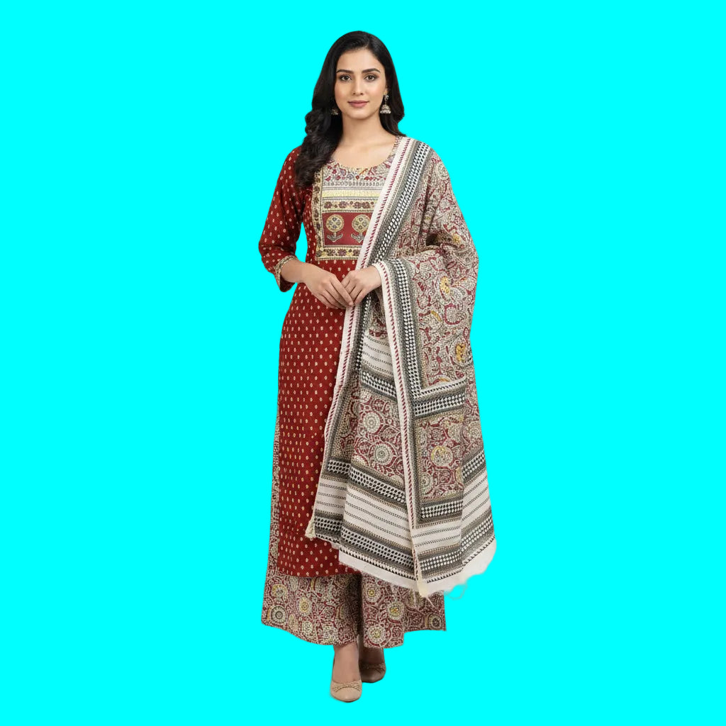 Red and White and Yellow and Grey Kurti Set