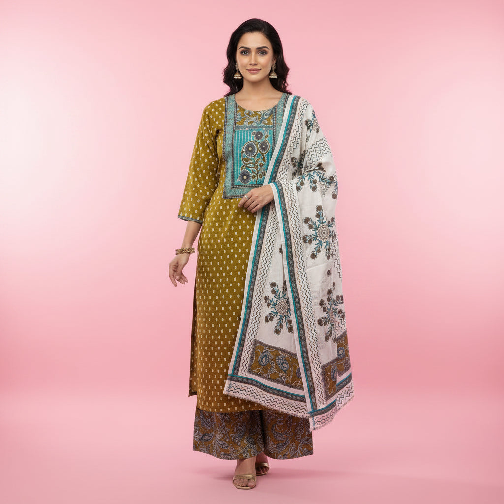 Yellow patterned dress with matching fabric pieces on a bed
