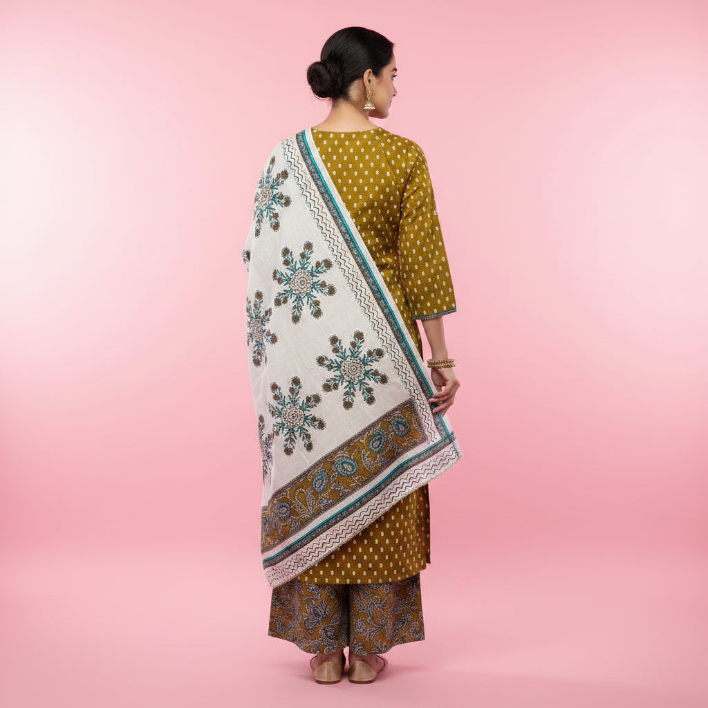 Woman wearing a traditional outfit with a patterned dupatta on a pink background