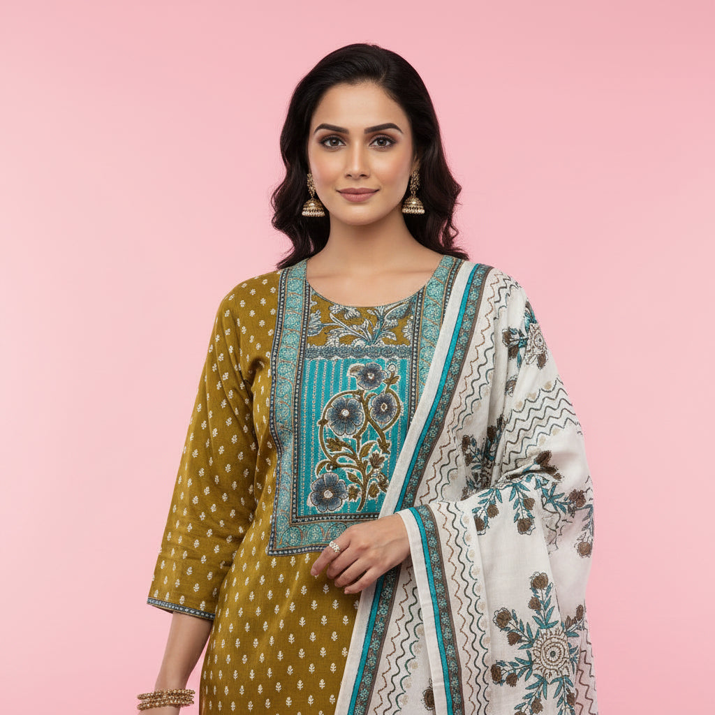 Woman wearing a traditional outfit with a patterned dupatta on a pink background