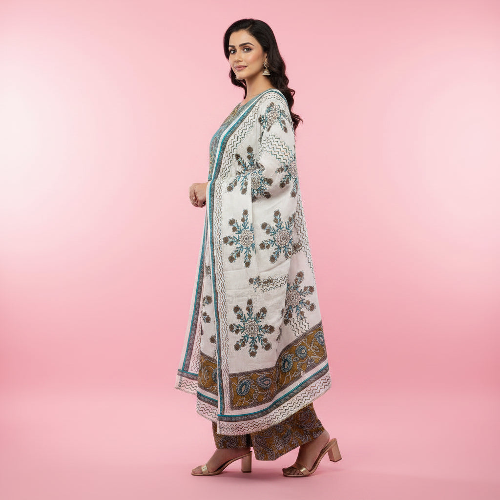 Woman wearing a traditional outfit with a patterned dupatta on a pink background
