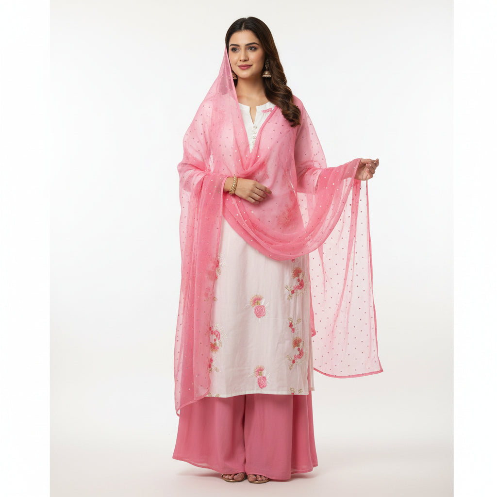 Woman wearing a pink and white traditional outfit with a matching dupatta on a white background