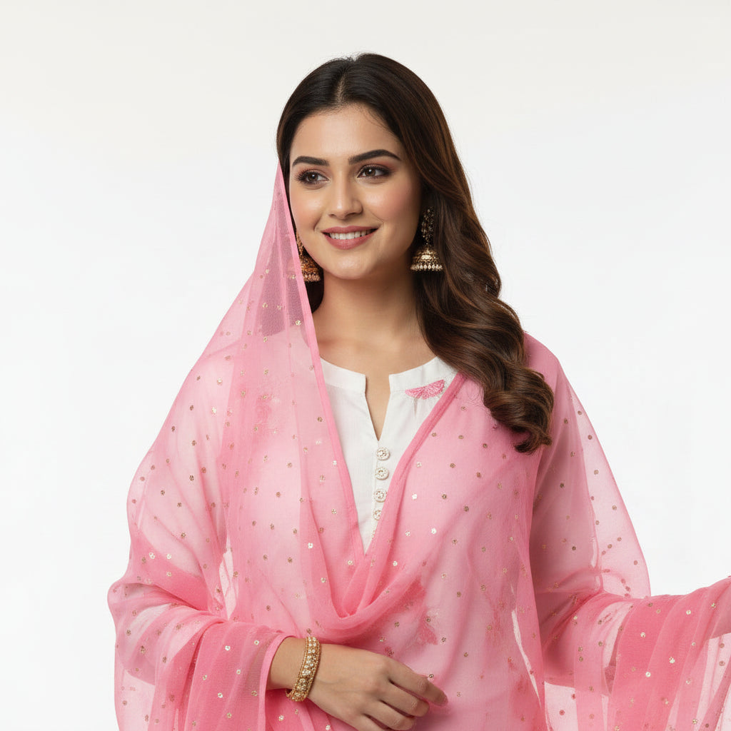 Woman wearing a pink and white traditional outfit with a matching dupatta on a white background