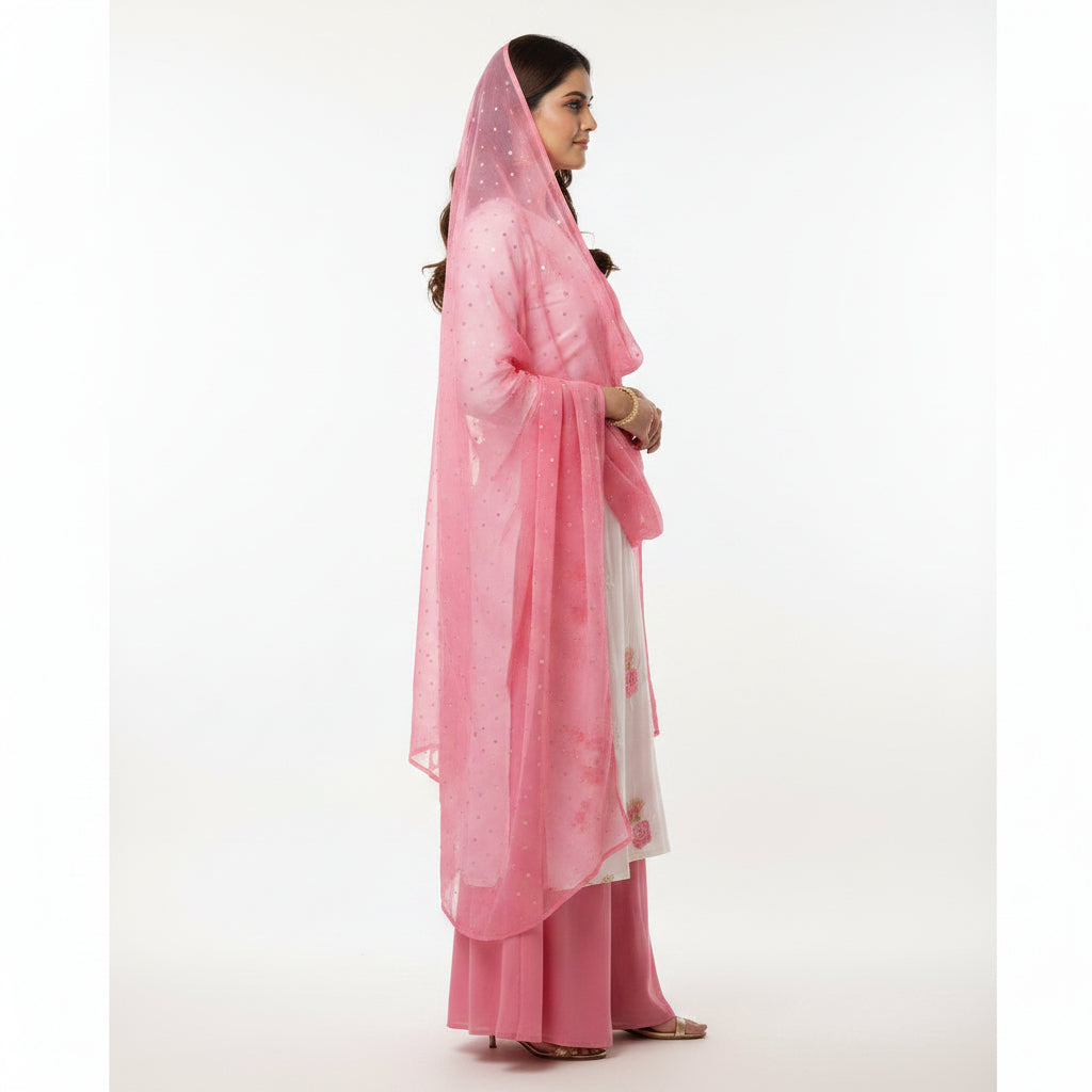 Woman wearing a pink and white traditional outfit with a matching dupatta on a white background