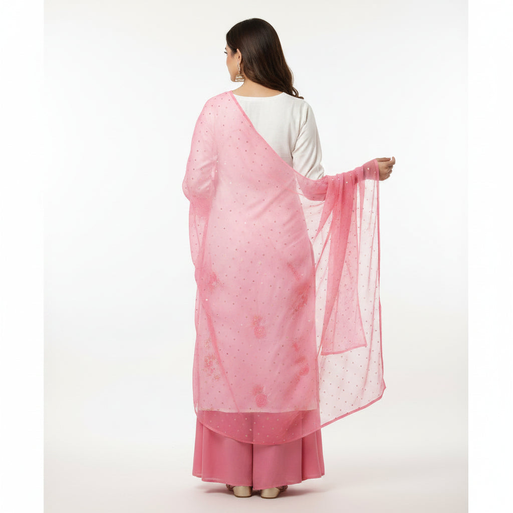 Woman wearing a pink and white traditional outfit with a matching dupatta on a white background