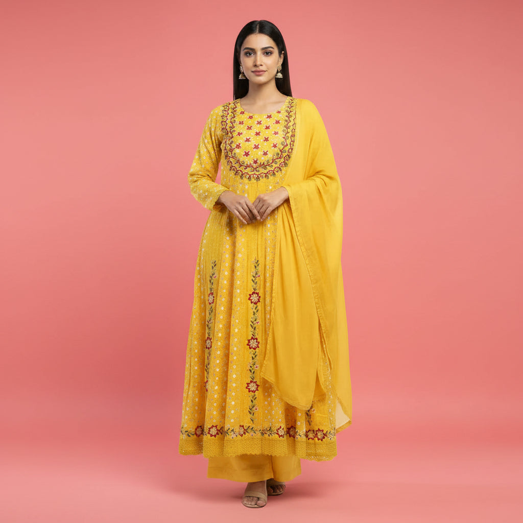 Woman wearing a yellow embroidered traditional outfit on a red background