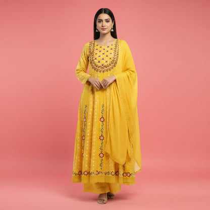 Woman wearing a yellow embroidered traditional outfit on a red background