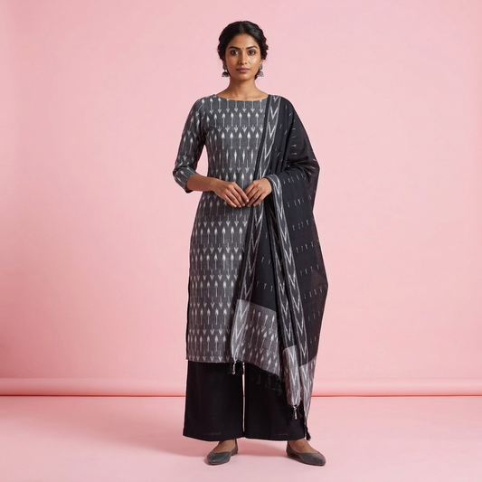 Pochampalli Ikkat Gray and White and Black Wave Kurti Set