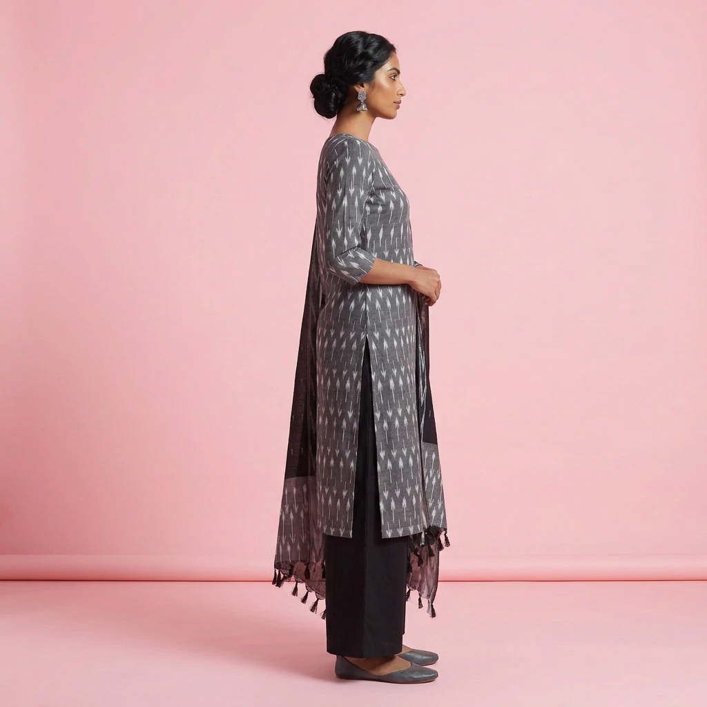 A woman modeling a traditional Indian outfit consisting of a black and gray patterned kurta, black pants, and a matching dupatta, set against a plain light gray studio background.