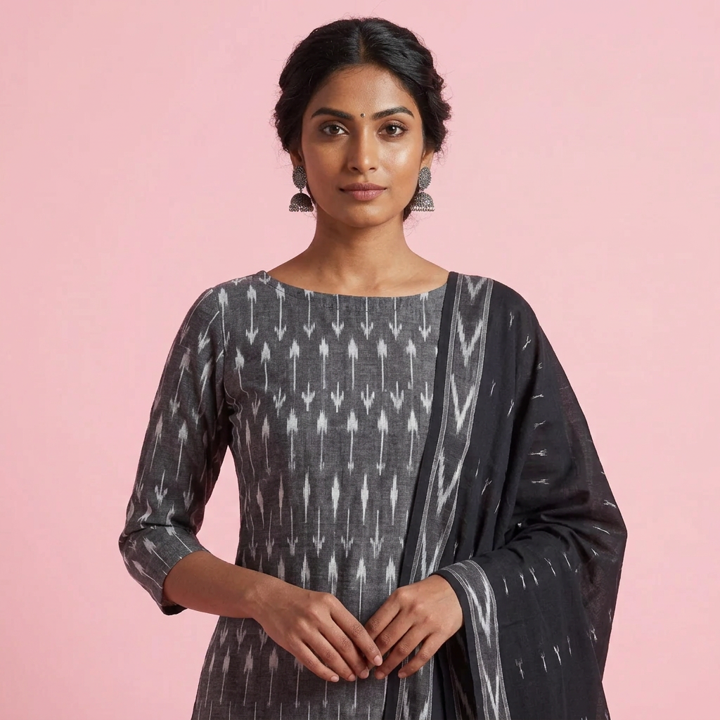 A woman modeling a traditional Indian outfit consisting of a black and gray patterned kurta, black pants, and a matching dupatta, set against a plain light gray studio background.